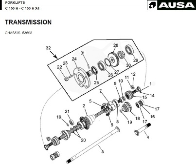 ЗАПЧАСТИ ДЛЯ ПОГРУЗЧИКОВ AUSA C150H X4 | AUSA  C 150 H - C 150 H X4 - TRANSMISSION CHASSIS: 53698 FORKLIFTS | Каталог запасных частей для погрузчиков Ausa | Запчасти ауса по выгодным ценам купить