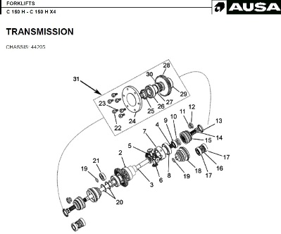 AUSA  C 150 H - C 150 H X4 - TRANSMISSION CHASSIS: 44205 FORKLIFTS | ЗАПЧАСТИ ДЛЯ ПОГРУЗЧИКОВ AUSA C150H X4 | Запчасти на погрузчик. Продажа запчастей на ремонт Аусы (Ausa forklift spare parts) | Запчасти для вилочных погрузчиков в Москве