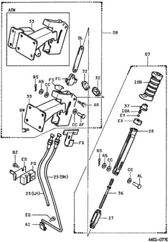 КАТАЛОГ ЗАПЧАСТЕЙ НА ПОГРУЗЧИКИ TOYOTA 5FGL10 - TOYOTA 5FG18 | FIG. 4801 Parking Brake TOYOTA FORKLIFT SPAREPARTS CATALOGUE - TOYOTA FORKLIFT PARTS MANUAL | СХЕМА 4601-077E "РУЧНОЙ ТОРМОЗ НА ПОГРУЗЧИКИ TOYOTA 5FG10 - TOYOTA 5FGL18" | Запчасти для погрузчиков "Toyota" -  оформите приобретение запчастей для погрузчиков TOYOTA со склада в Москве или под заказ из Европы в интернет магазине TotalParts.ru